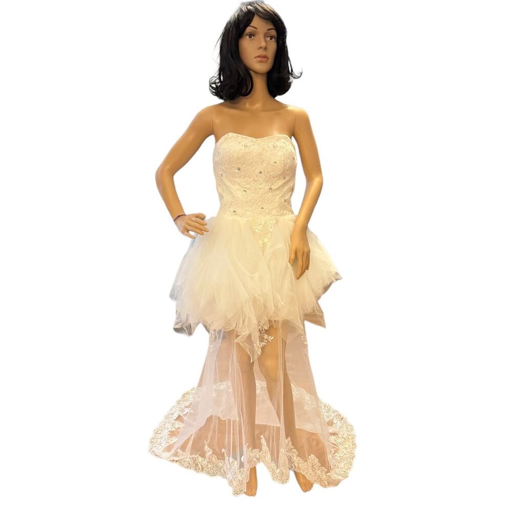 Vintage high low wedding prom strapless corset tulle maxi train dress size small